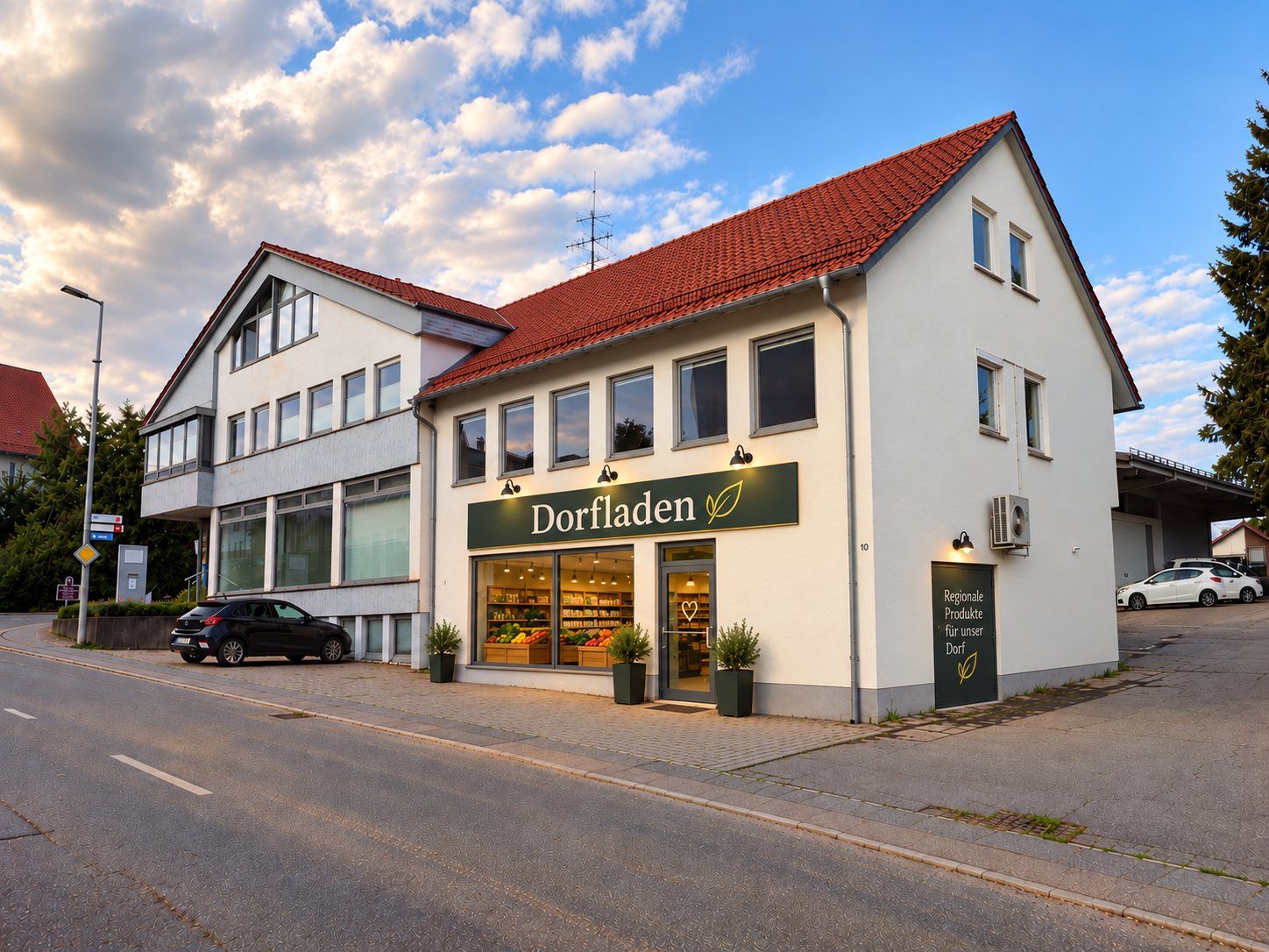 KI-Visualisierung des geplanten Dorfladens im rechten Gebäudeteil der Alten Molke neben der ehemaligen Bank