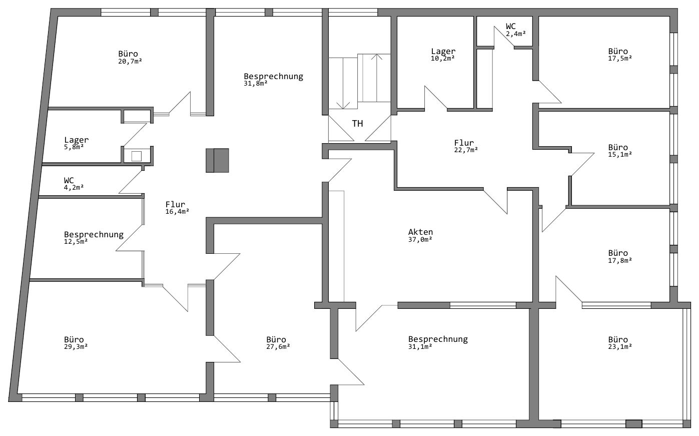 Bestandsgrundriss des 1. Obergeschosses mit Büro-, Besprechungs-, Lager-, Akten- und WC-Räumen