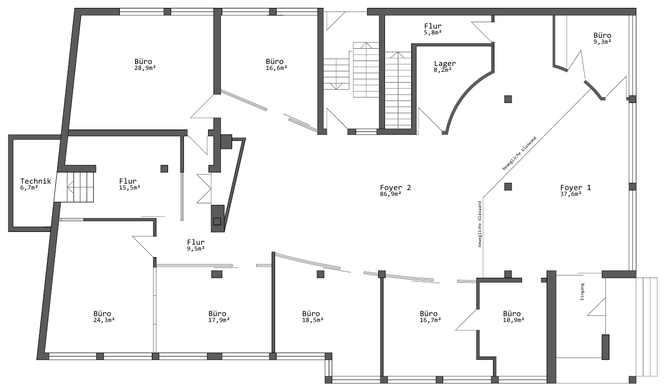 Bestandsgrundriss Erdgeschoss mit acht Büros, Foyer 1 und 2, beweglicher Glaswand, Fluren, Lager und Technik