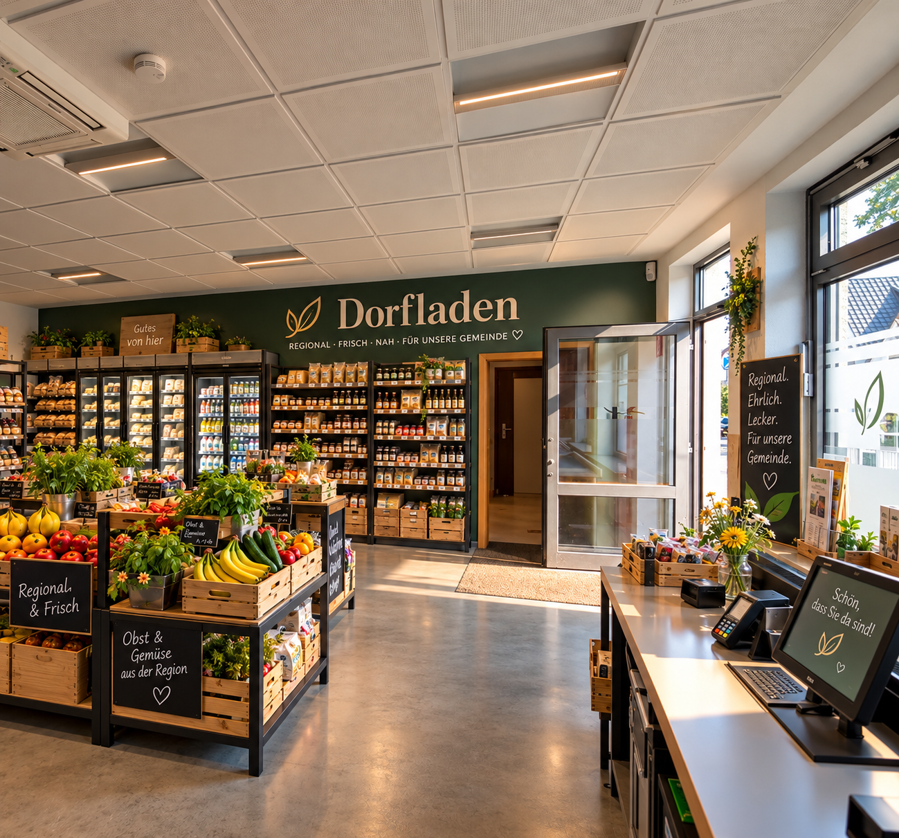 KI-Visualisierung eines möglichen Dorfladen-Innenraums mit Warenregalen, Obst und Gemüse sowie Kassenbereich
