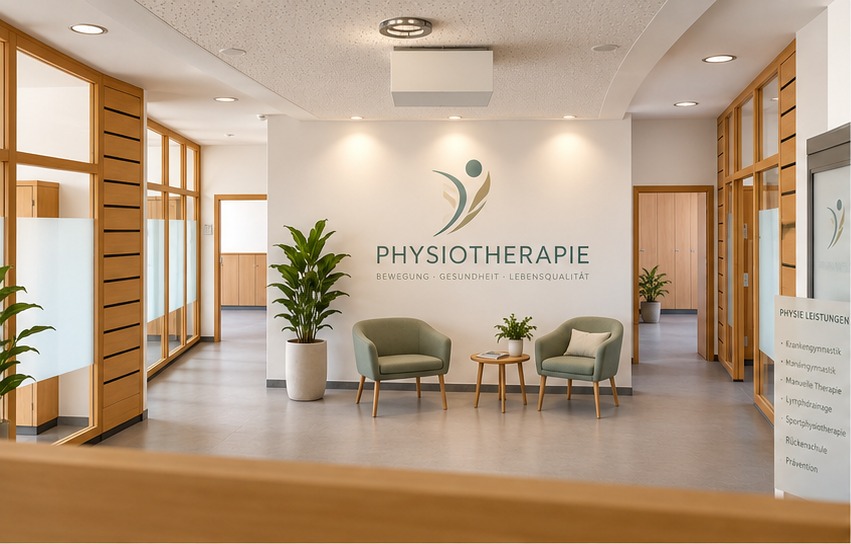 Beispielhafte KI-Visualisierung von Empfang und Wartebereich einer Physiotherapie-Praxis