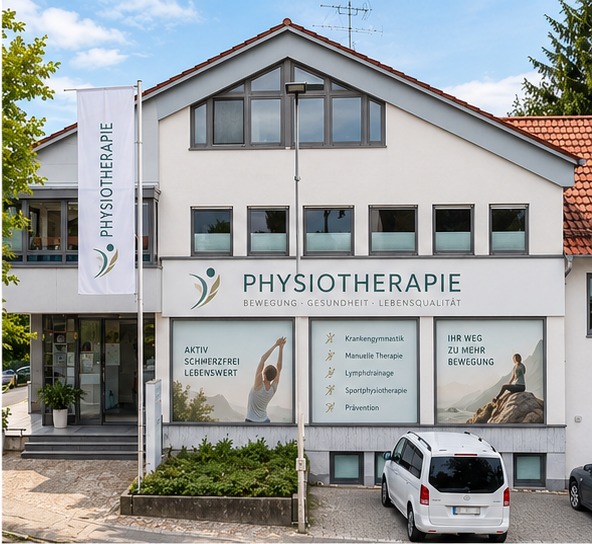 Beispielhafte KI-Visualisierung des Gebäudes mit Physiotherapie-Beschilderung im Erdgeschoss